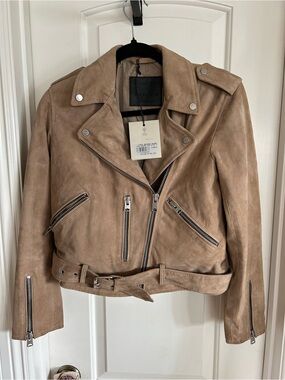 AllSaints Taupe Suede Moto Jacket